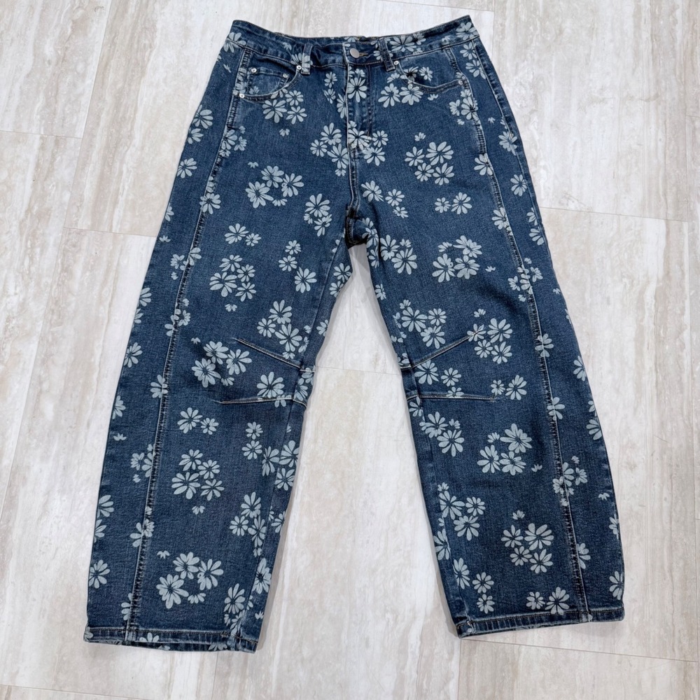 Flamingals Blue Daisy Floral Barrel Jeans Large High Rise Retro